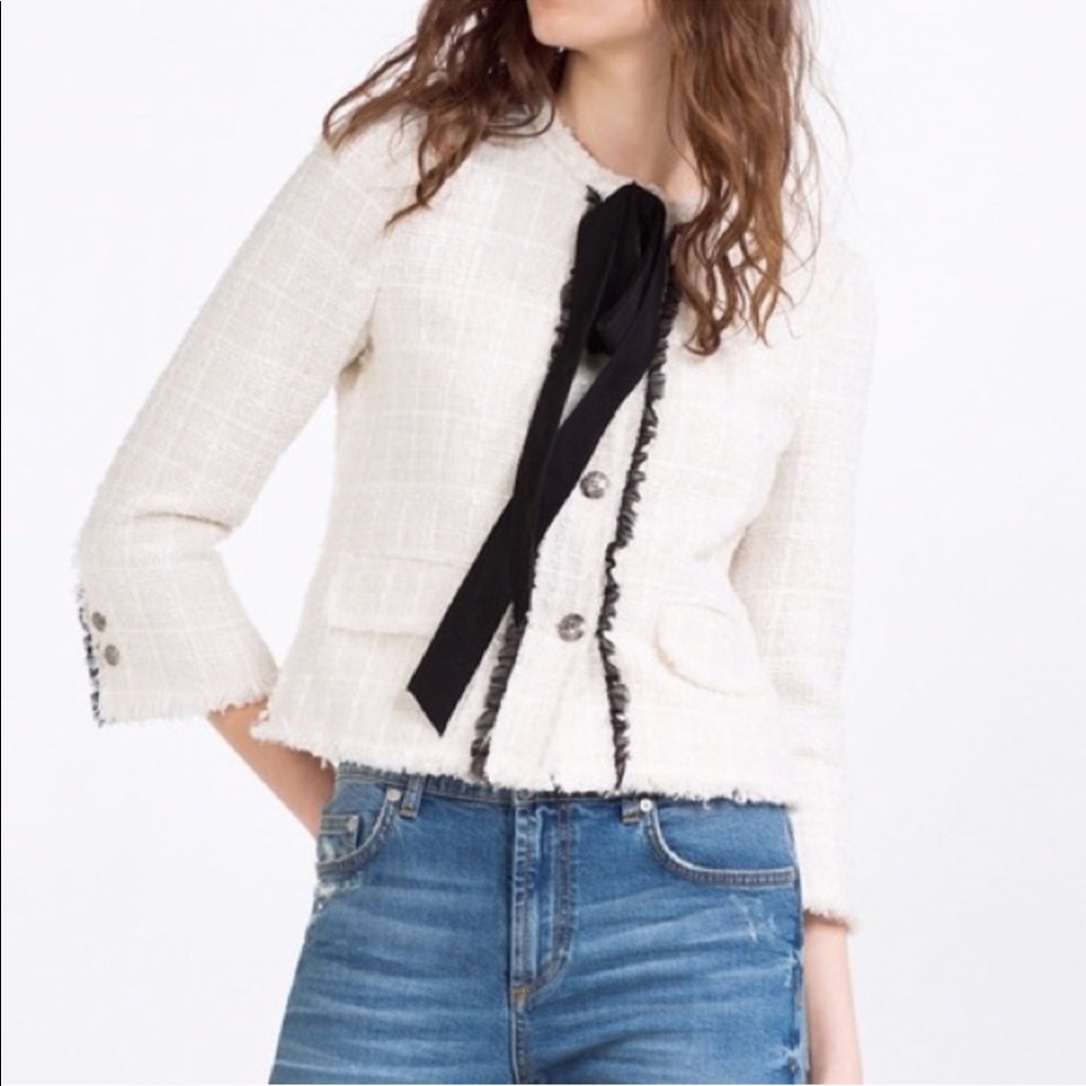 Zara Off White Tweed Blazer with Bow